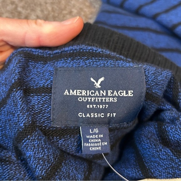 American Eagle Mens Blue Striped Button Mock Neck Cotton Sweater Large NEW - Picture 4 of 8